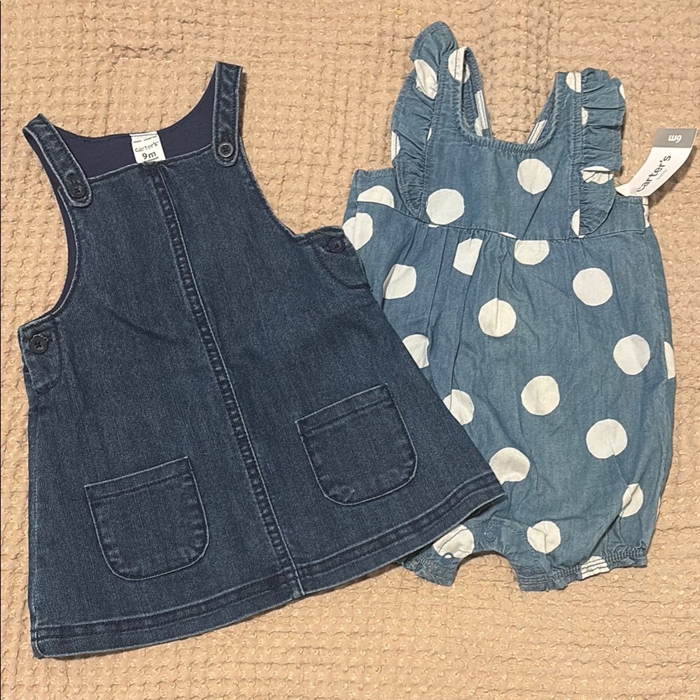 Denim Bundle Set Dress and Polka Dot Romper Jumpsuit 6-9 months Baby Girl